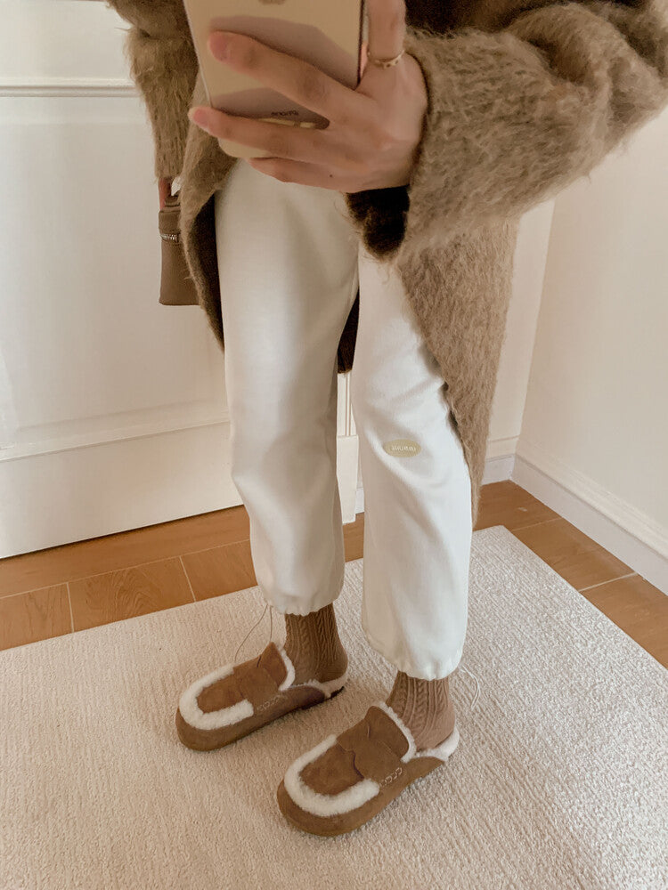 Karin Luna In Stock Look~This is such thick lamb wool Winter Atmosphere！Cowhide Leather Lamb Wool Round Toe Flat Sole Half Support！