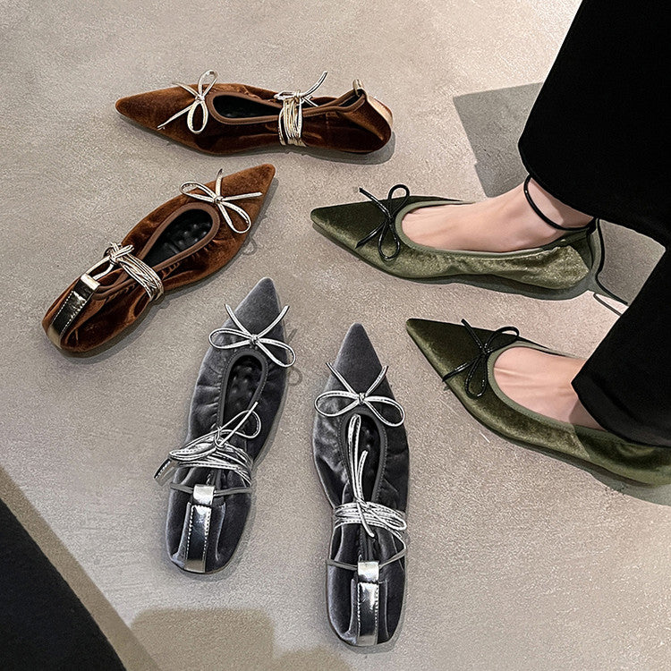 Karin Luna In Stock In Stock Retro Velvet Pointed Toe Bowknot Single Shoes