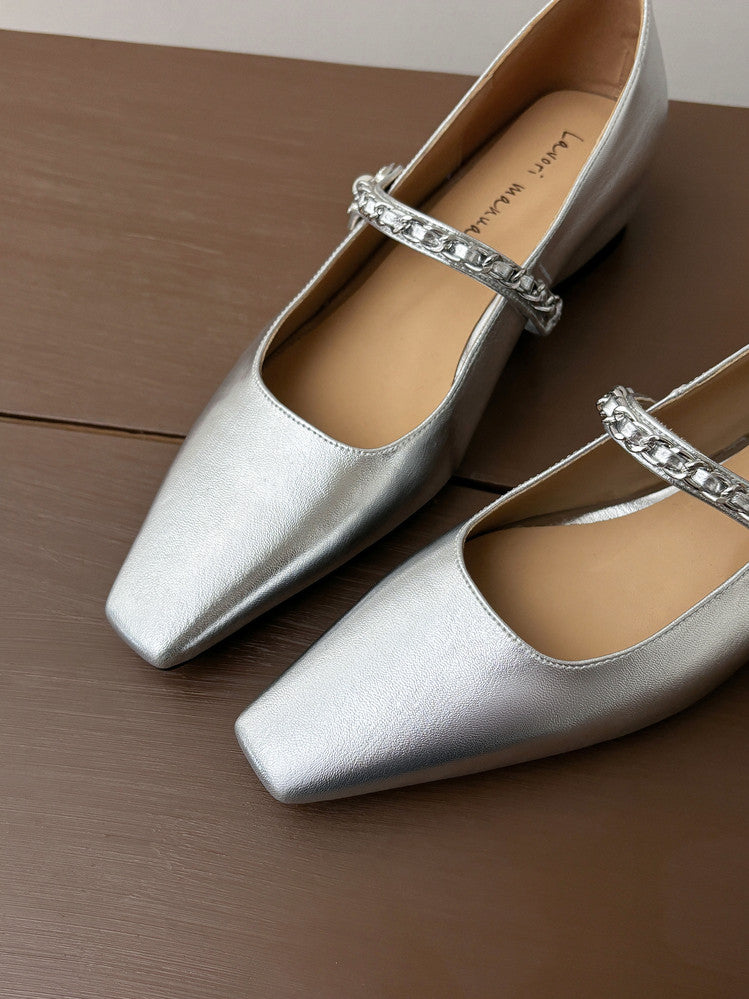 Karin Luna In Stock In Stock ~Metal One-Strap Pearl Small Square Toe Height-Increasing Flats