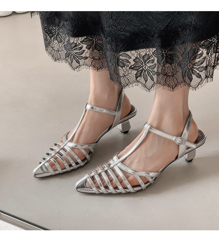 Karin Luna French Hollow Toe Metal Heel Elegant Sandals