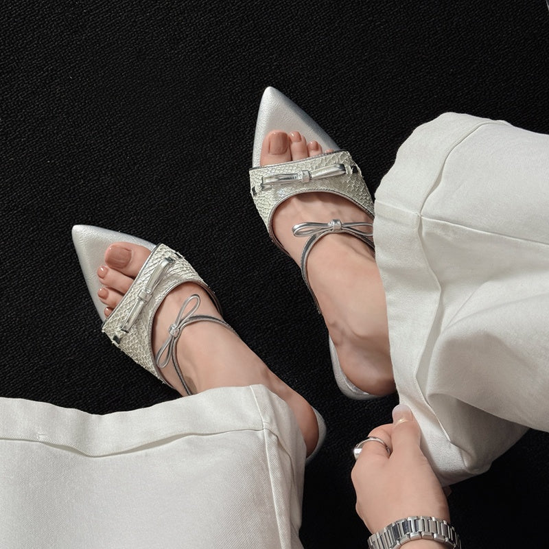 Karin Luna Fish Skin Series~Pointed Toe Irregular Heel Bowknot Strap Slippers