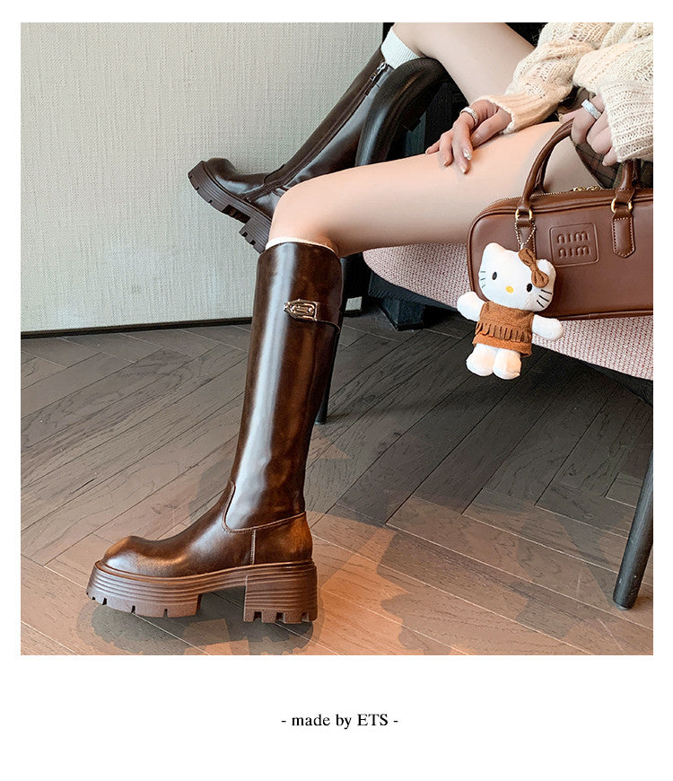 Karin Luna In Stock In Stock  Round Toe Thick Sole Belt Buckle Side Zipper Knight Boots