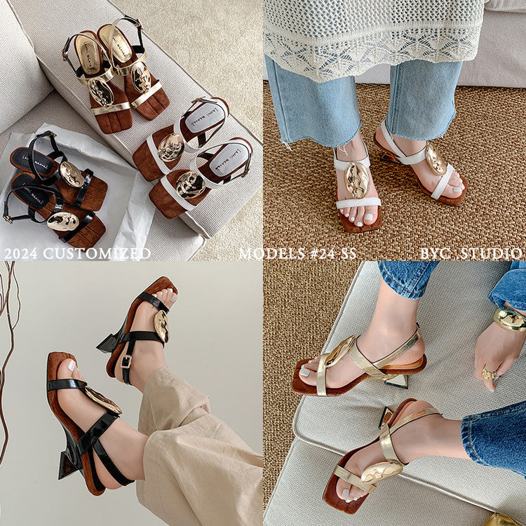 Karin Luna In Stock In Stock  Square Toe Suede Metal Heel Elegant Sandals