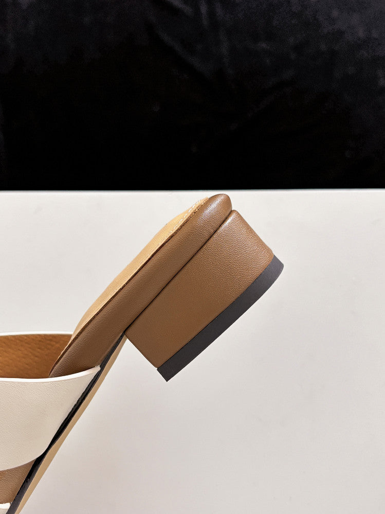 Karin Luna Comfortable Gold Buckle Square Toe Chunky Heel Casual Style Slippers
