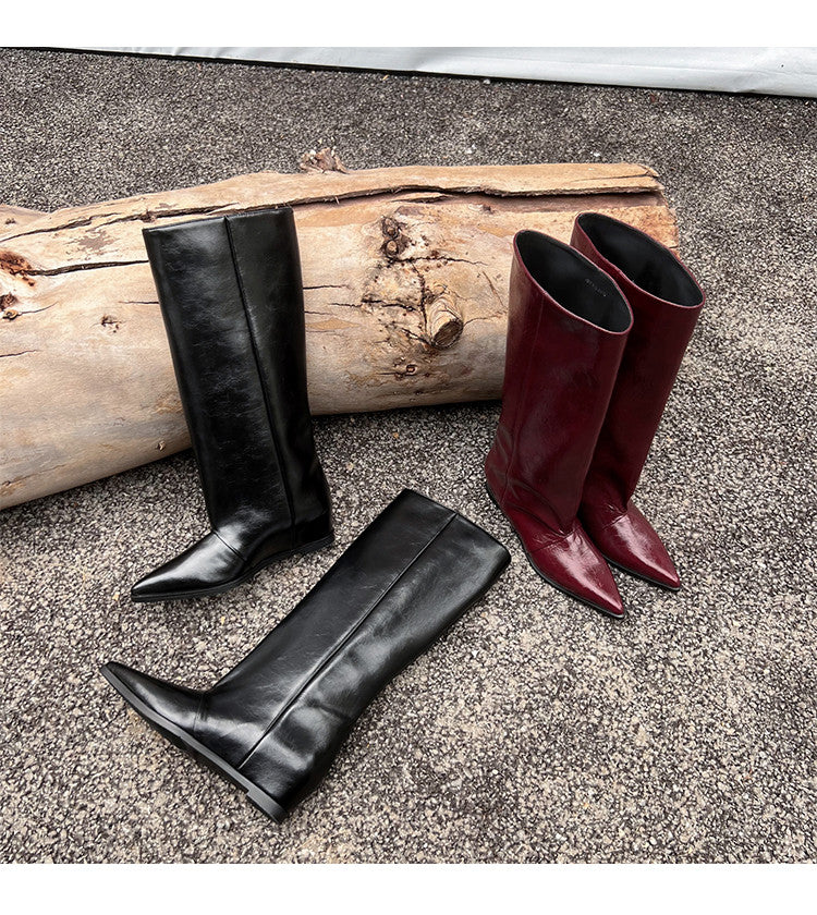 Karin Luna Elegant Style Pointed Toe Internal Height Increase Slip-On Long Boots