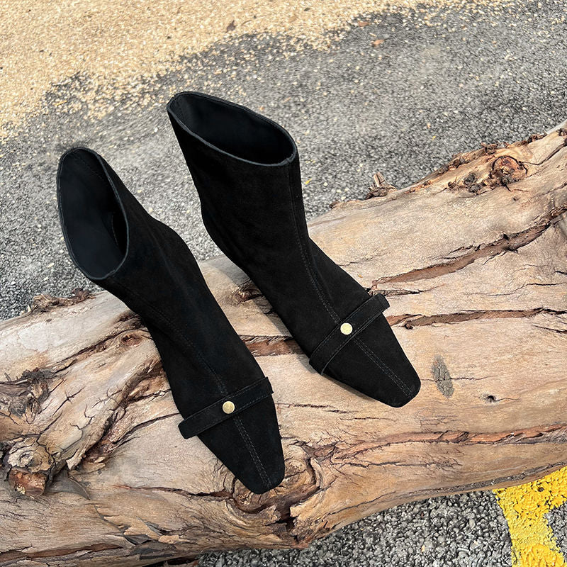 Karin Luna Elegant Style Small Square Toe Belt Buckle Thin Heel Short Boots