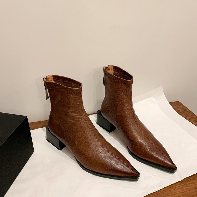 Karin Luna Elegant Style Pointed Toe Chunky Heel Short Boots