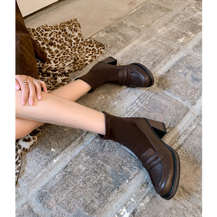 Karin Luna Hot-Selling Element Round Toe Elephant Pattern Elastic Thick Heel Short Boots