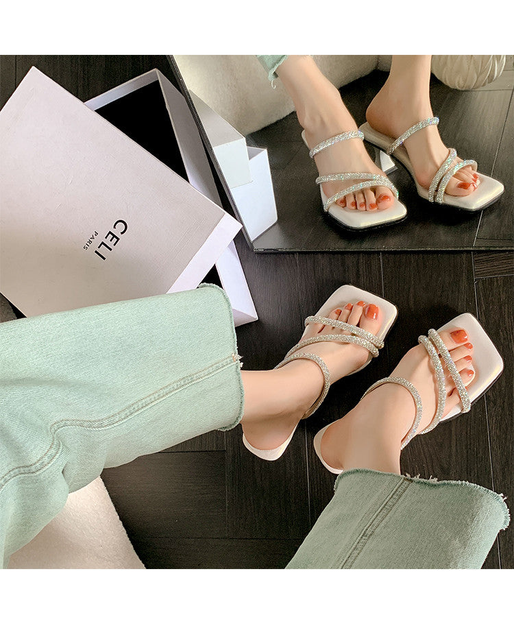 Karin Luna In Stock Spot Goods  Minimalist Versatile Square Toe Rhinestone Strap Open-Toe Sandals