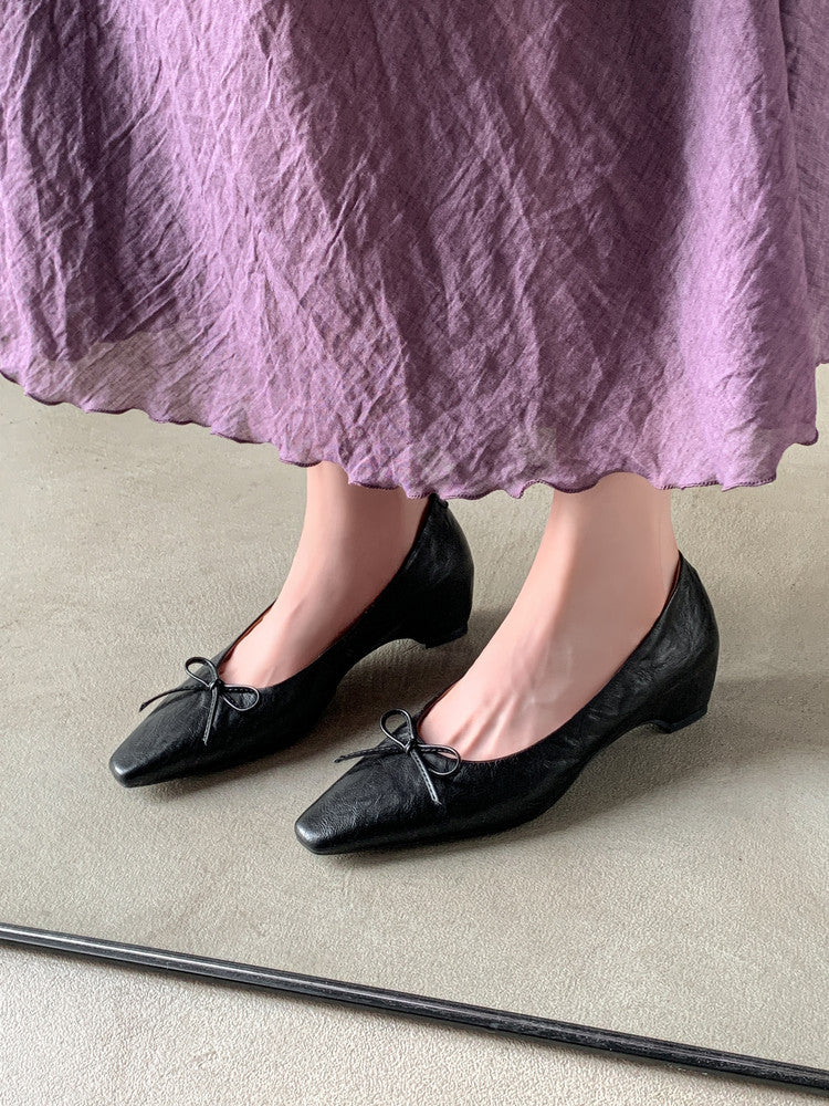 Karin Luna Full Layer Inside and Out~Basic Versatile Small Square Toe Butterfly Knot Irregular Heel Single Shoes
