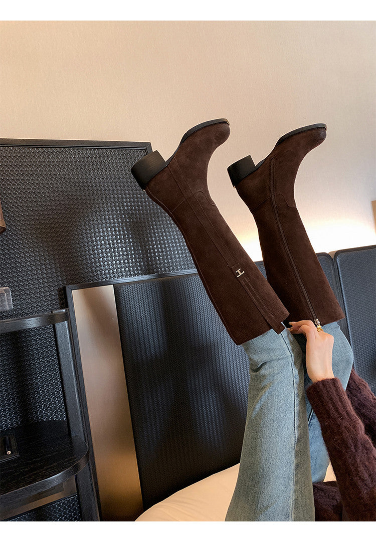 Karin Luna In Stock Spot Goods Basic Retro Square Toe Chunky Heel Riding Boots