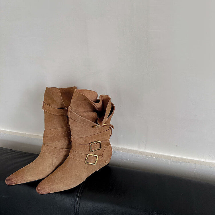 Karin Luna Cow Leather Small Square Toe Belt Buckle Fashion Boots