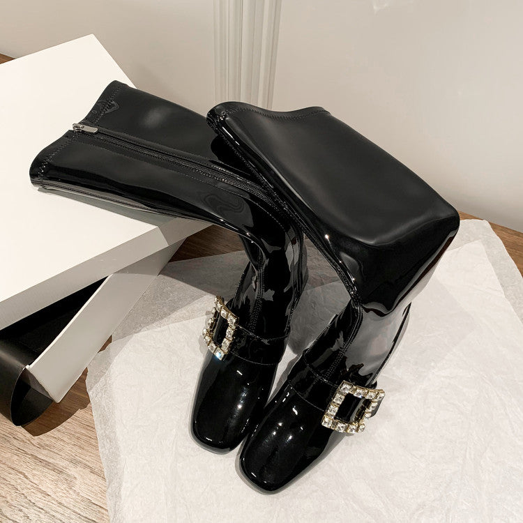 Karin Luna Elegant Style Ultra Slimming Rhinestone Chunky Heel British Style Riding Boots Long Boots