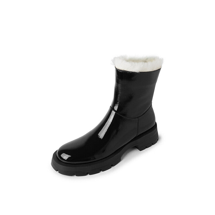 Karin Luna In Stock  Best-selling in stock Thickened Fleece Cow Patent Leather Hot-Selling Flat Short Boots