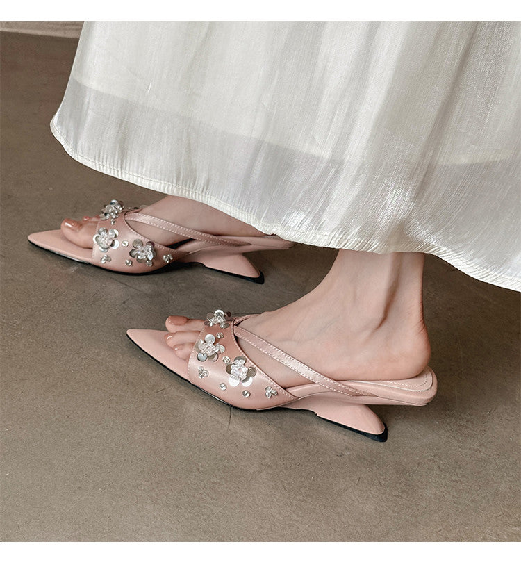 Karin Luna Bestseller Sequin Elements Elegant Pointed Toe Irregular Heel Slippers