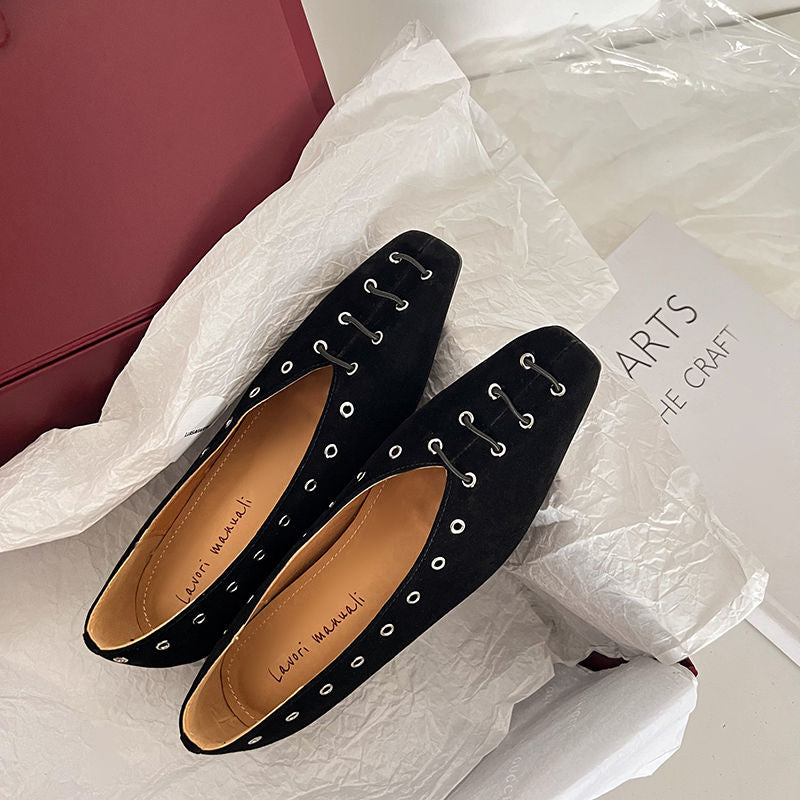 Karin Luna In Stock Spot Goods    Old Money Style Square Toe Suede Flats
