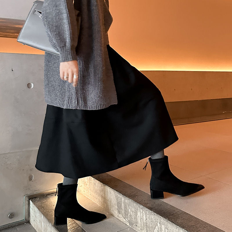 Karin Luna In Stock In Stock Elastic Slim Pointed Toe Chunky Heel Basic Ankle Boots