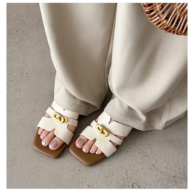 Karin Luna Comfortable Gold Buckle Square Toe Chunky Heel Casual Style Slippers