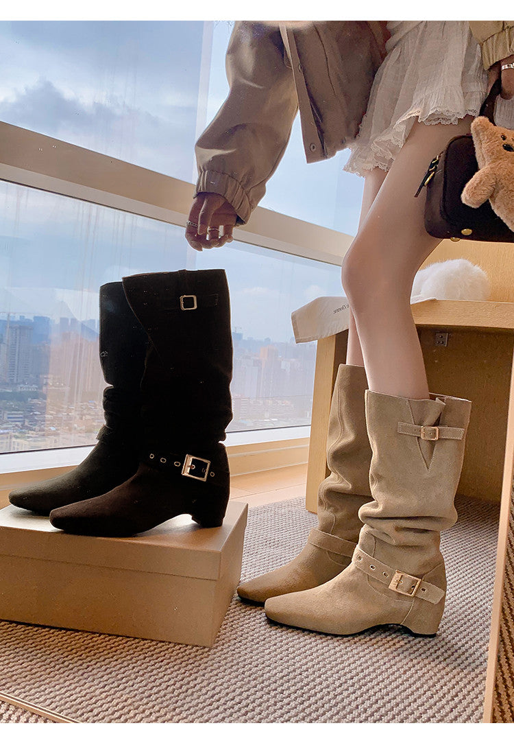 Karin Luna Data Model Belt Buckle Matte Square Toe Hidden Wedge Slouch Western Boots