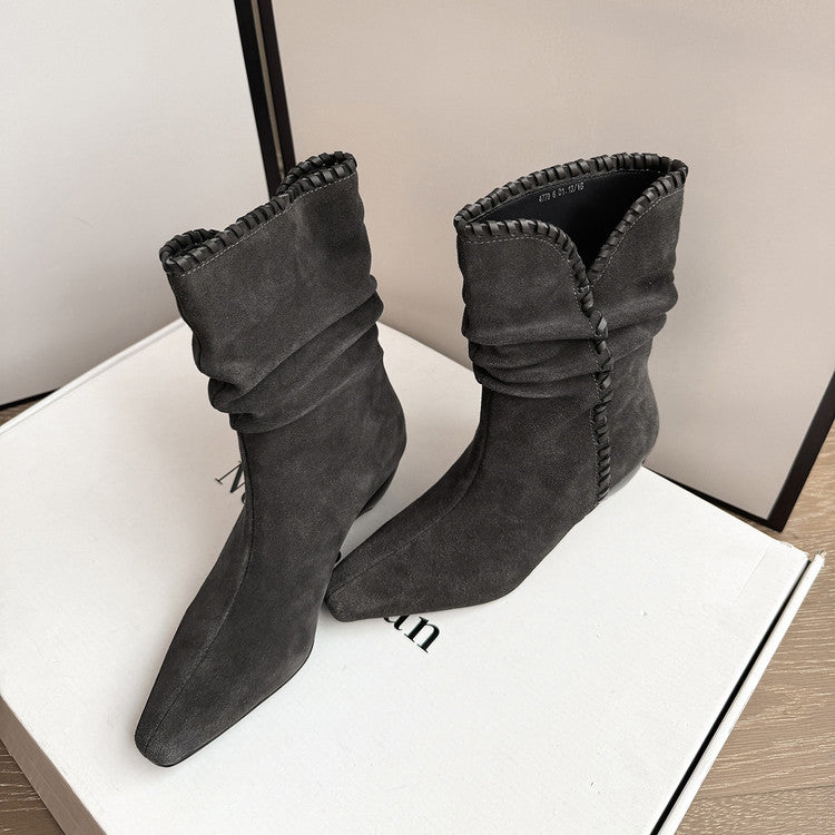 Karin Luna Elegant Style Small Square Toe Pleated Short Boots
