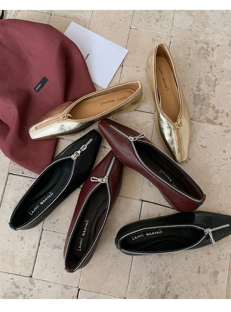Karin Luna In Stock In Stock ~Basic Versatile Light Luxury Zipper Small Square Toe Flats