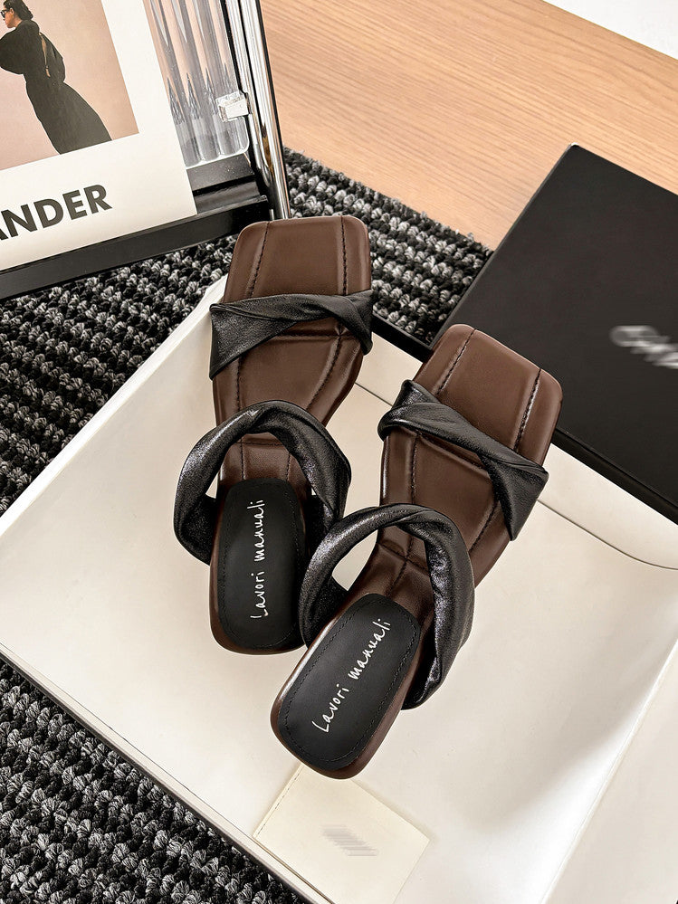 Karin Luna In Stock  Spot Goods   Square Toe One-Strap Irregular Heel Slippers