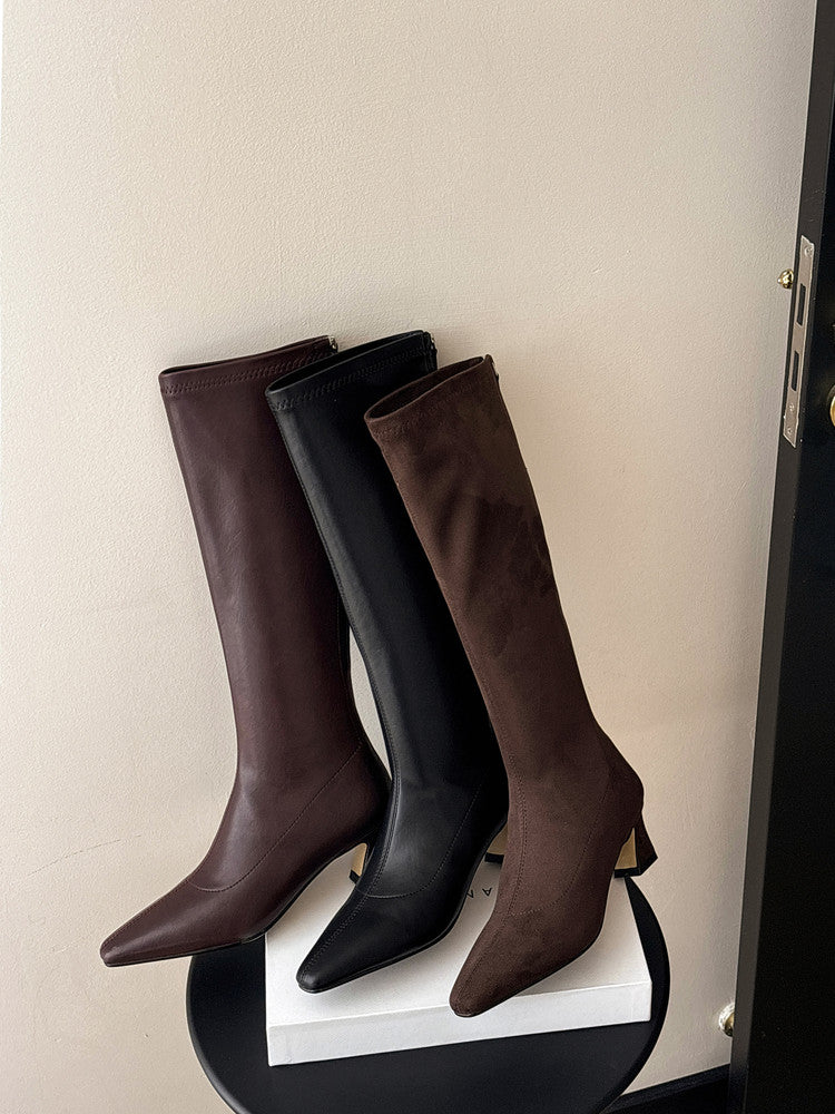 Karin Luna In Stock In Stock  Square Toe Chunky Heel Korean Style Elegant Long Boots
