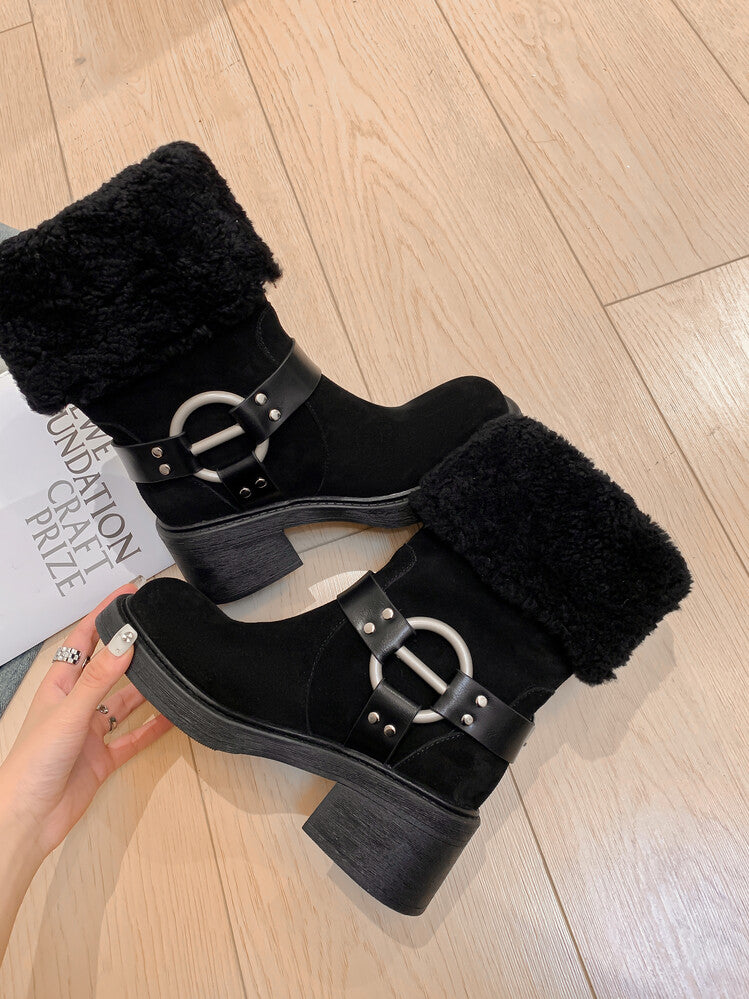 Karin Luna Genuine Lamb Wool and Cowhide Leather Hot-selling Metal Buckle Round Toe Chunky Heel Main Push Main Push