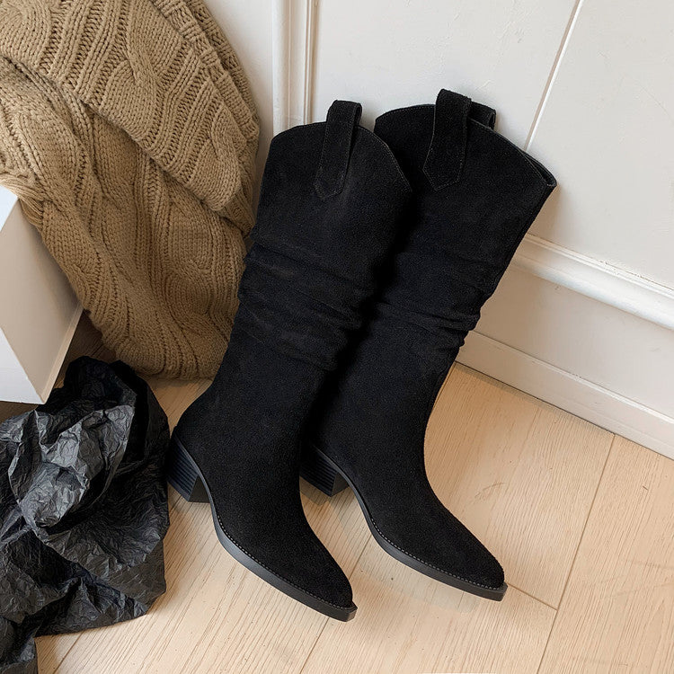 Karin Luna Elegant Style  Pointed Toe Wrinkled Wide Western Boots