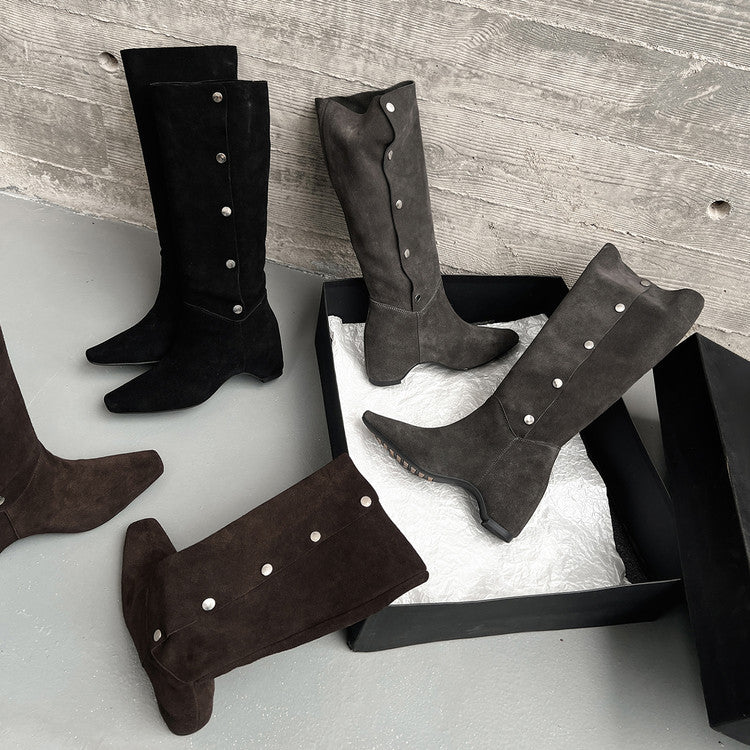 Karin Luna Bestseller Hot-Selling Hidden Buckle Lazy Style Square-Toe Height-Increasing Suede Western Boots