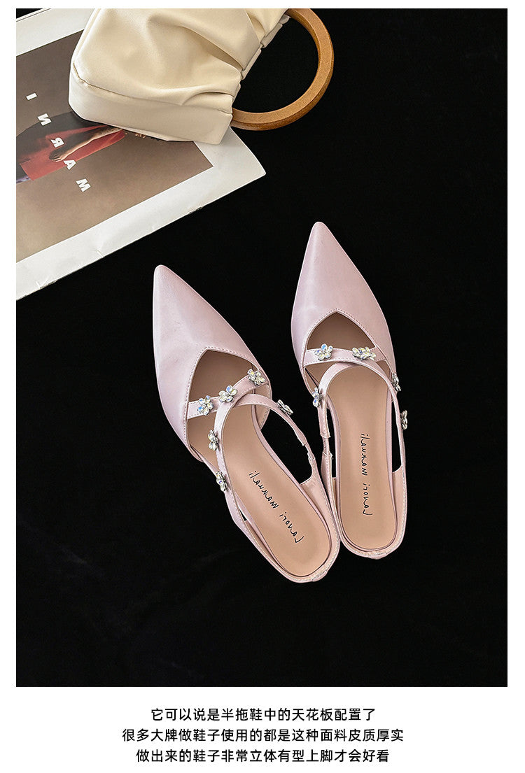 Karin Luna Elegant Pointed Toe Rhinestone Flower High Heel Mules