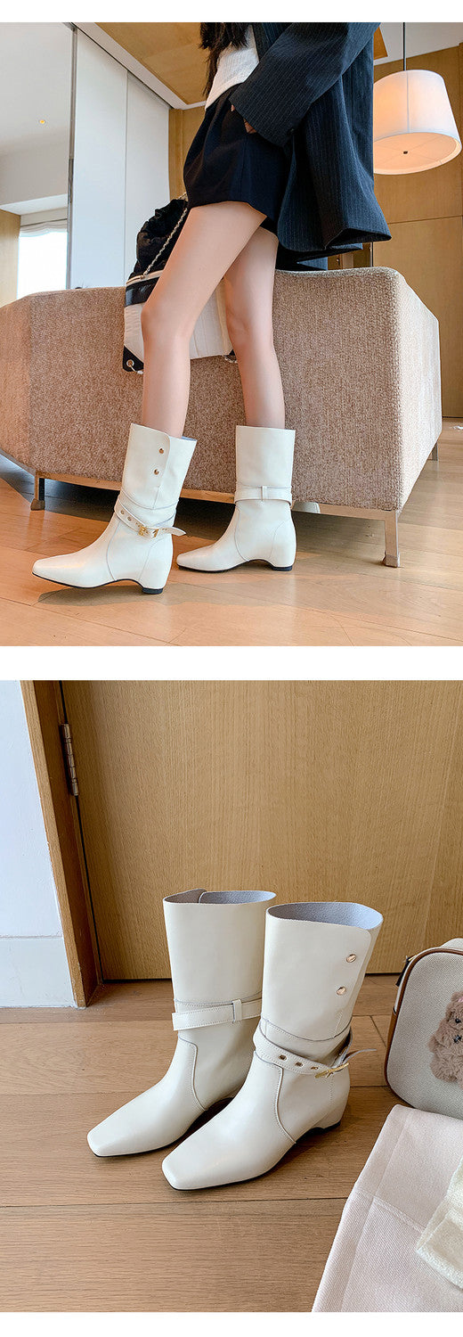 Karin Luna Foldable Belt Buckle Square Toe Hidden Wedge Short Boots
