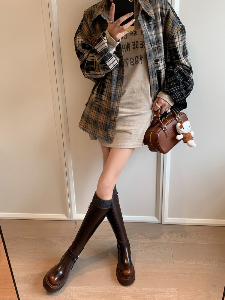 Karin Luna In Stock In Stock Slimming Diagonal Cut Tube Top  Best-selling in stock Retro Metal Buckle Thick-Soled Long Boots