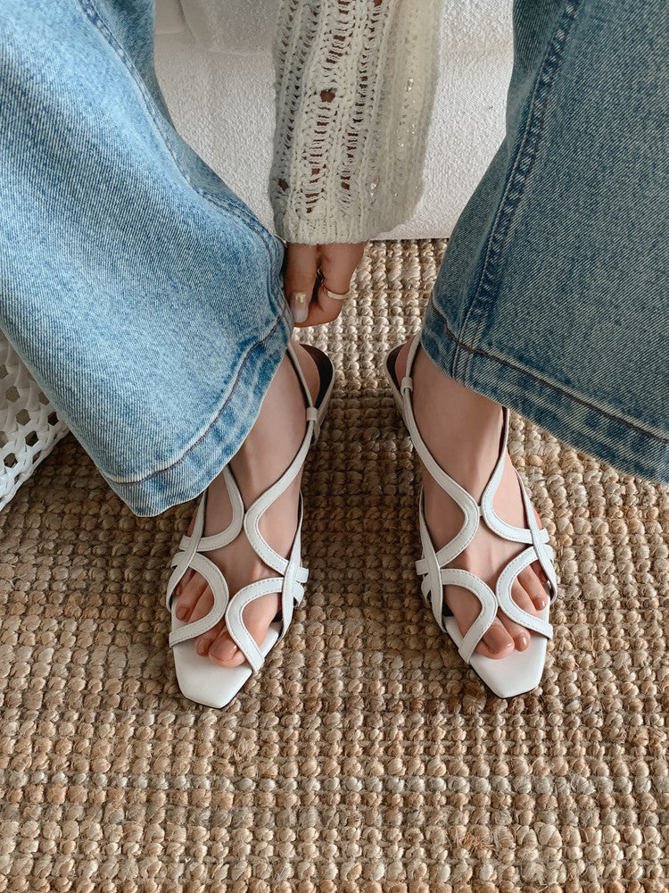 Karin Luna French Hollow Style Small Square Toe Chunky Heel Sandals