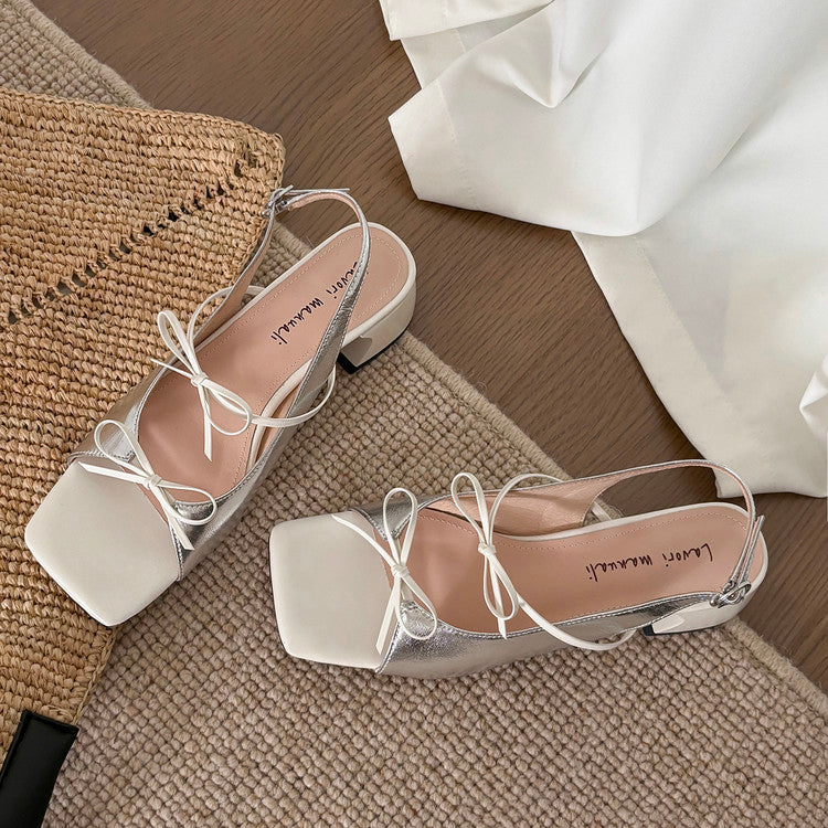 Karin Luna In Stock Spot Goods Square Toe Double Bow Thick Heel Sandals