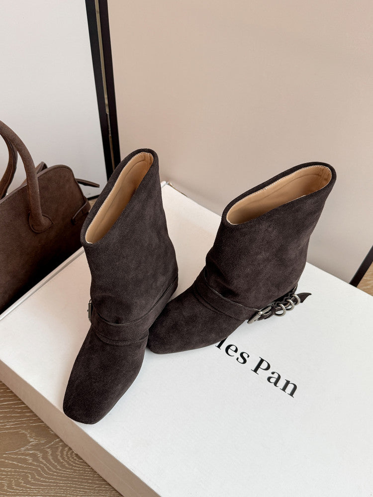 Karin Luna Data Hot Item Square Toe Hidden Wedge Belt Buckle Suede Ankle Boots