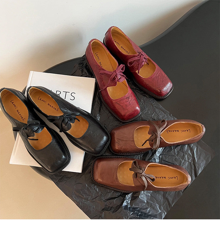 Karin Luna In Stock Spot Goods   Full leather inside and out Vegetable Tanned Hand-Grabbed Sheepskin Square-Toed Chunky Heel Single Shoes