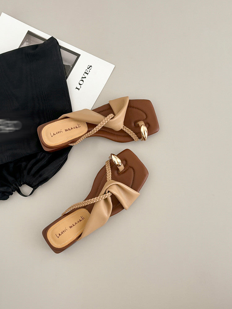 Karin Luna  Square Toe Braided Cross Thick Heel Flat Slippers