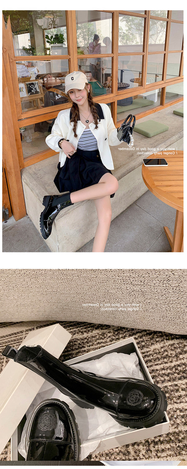 Karin Luna In Stock Spot Goods  Classic Embroidered Camellia Round Toe Thick Sole Chelsea Boots