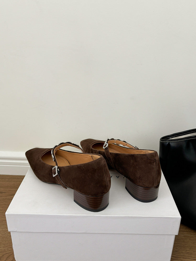 Karin Luna In Stock Spot Goods  Vintage Full Leather Square Toe Rhinestone Strap Shallow Mouth Single Shoes