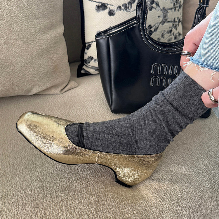Karin Luna In Stock Spot Goods    Retro Elastic Band Chunky Heel Single Shoes