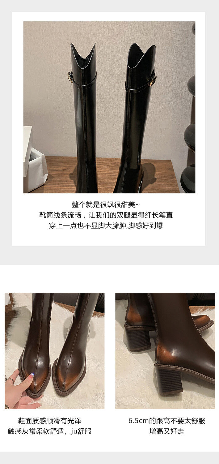 Karin Luna Bestseller  Popular Understood everything  Basic Elegant Outfit Pointed Toe Chunky Heel Full Cowhide I Am A Knight Boots