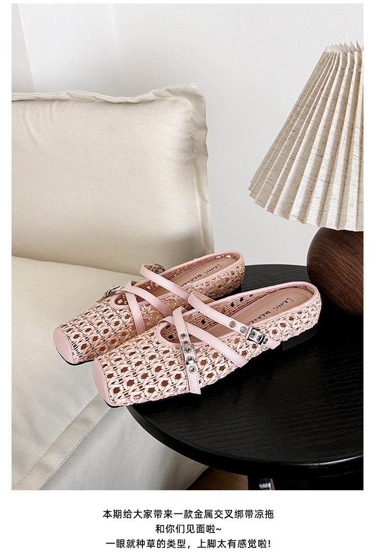 Karin Luna In Stock Spot Goods  Hot-Selling Square-Toe Woven Pig Nose Closed-Toe Slippers