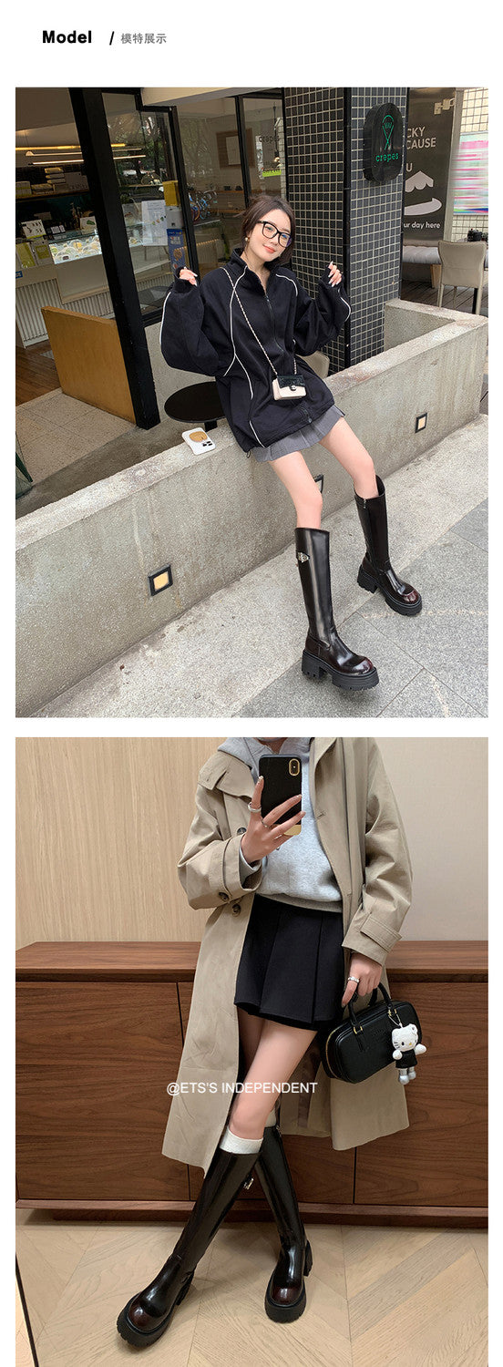 Karin Luna In Stock In Stock  Round Toe Thick Sole Belt Buckle Side Zipper Knight Boots