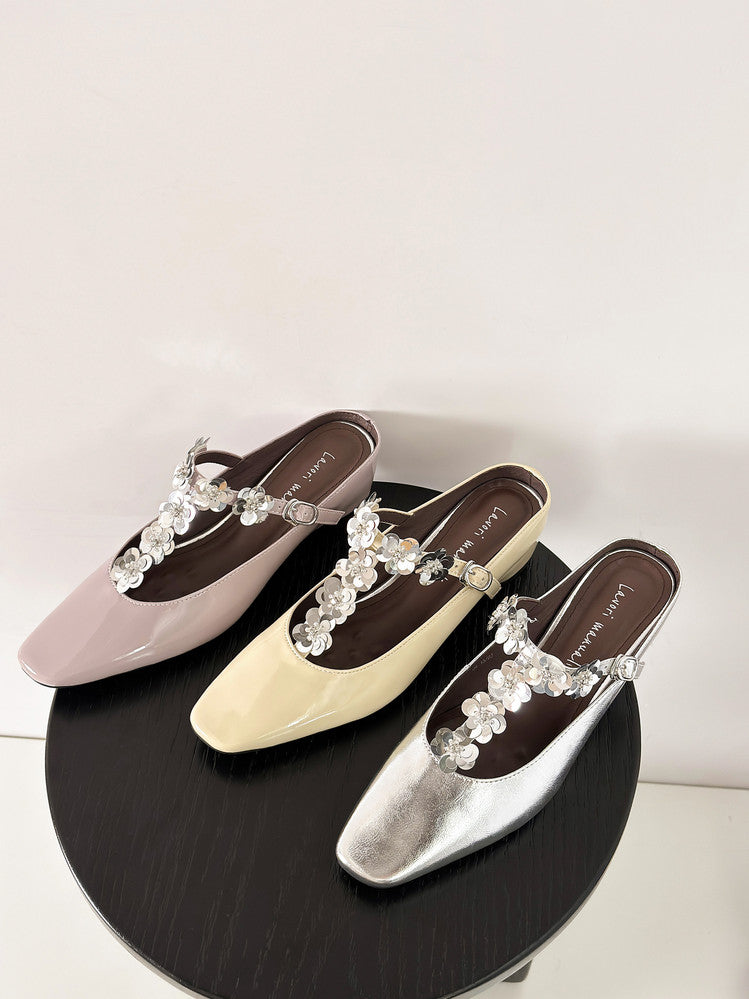Karin Luna In Stock Spot Goods  T Handmade Sequin Flower Square Toe Height-Increasing Closed-Toe Slippers