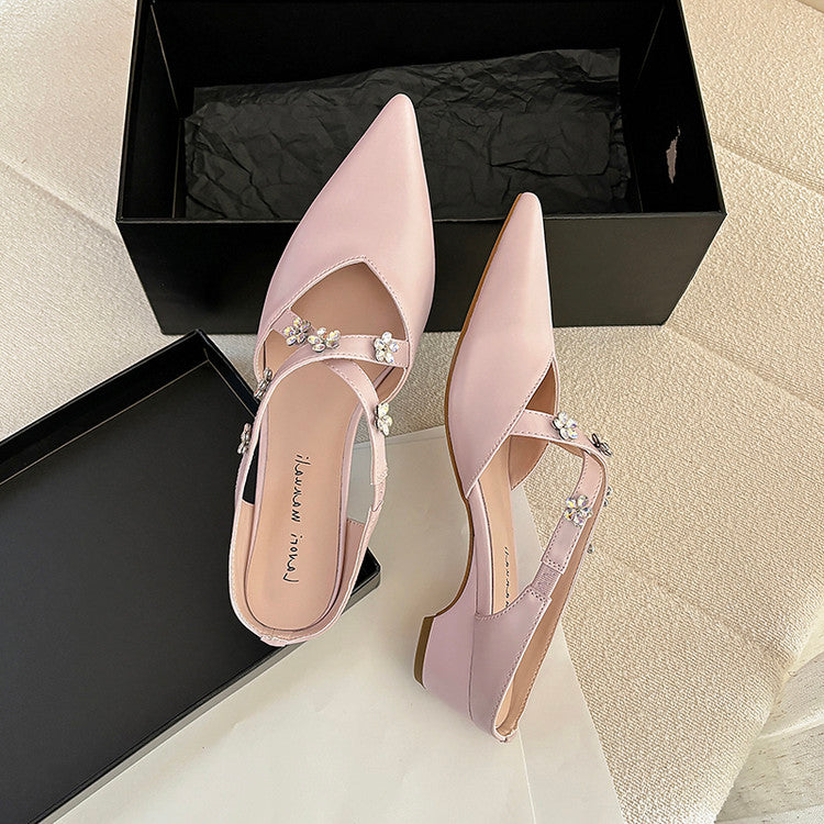 Karin Luna Elegant Pointed Toe Rhinestone Flower High Heel Mules