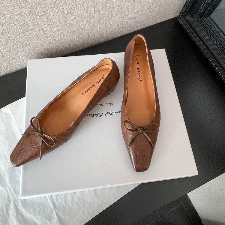 Karin Luna Full Layer Inside and Out~Basic Versatile Small Square Toe Butterfly Knot Irregular Heel Single Shoes