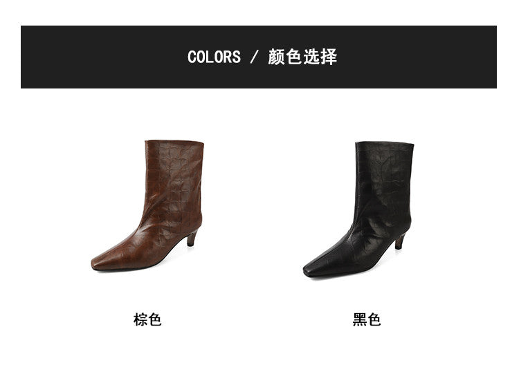 Karin Luna In Stock Spot Goods Top Layer Stone Pattern Cowhide Textured Small Square Toe Straight Short Boots