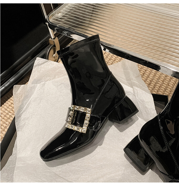 Karin Luna French Retro Square Buckle Rhinestone Chunky Heel Short Boots
