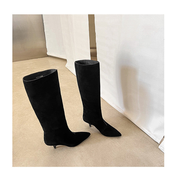 Karin Luna In Stock Spot Goods Retro Cowhide Pointed Toe Stiletto Elegant Long Boots